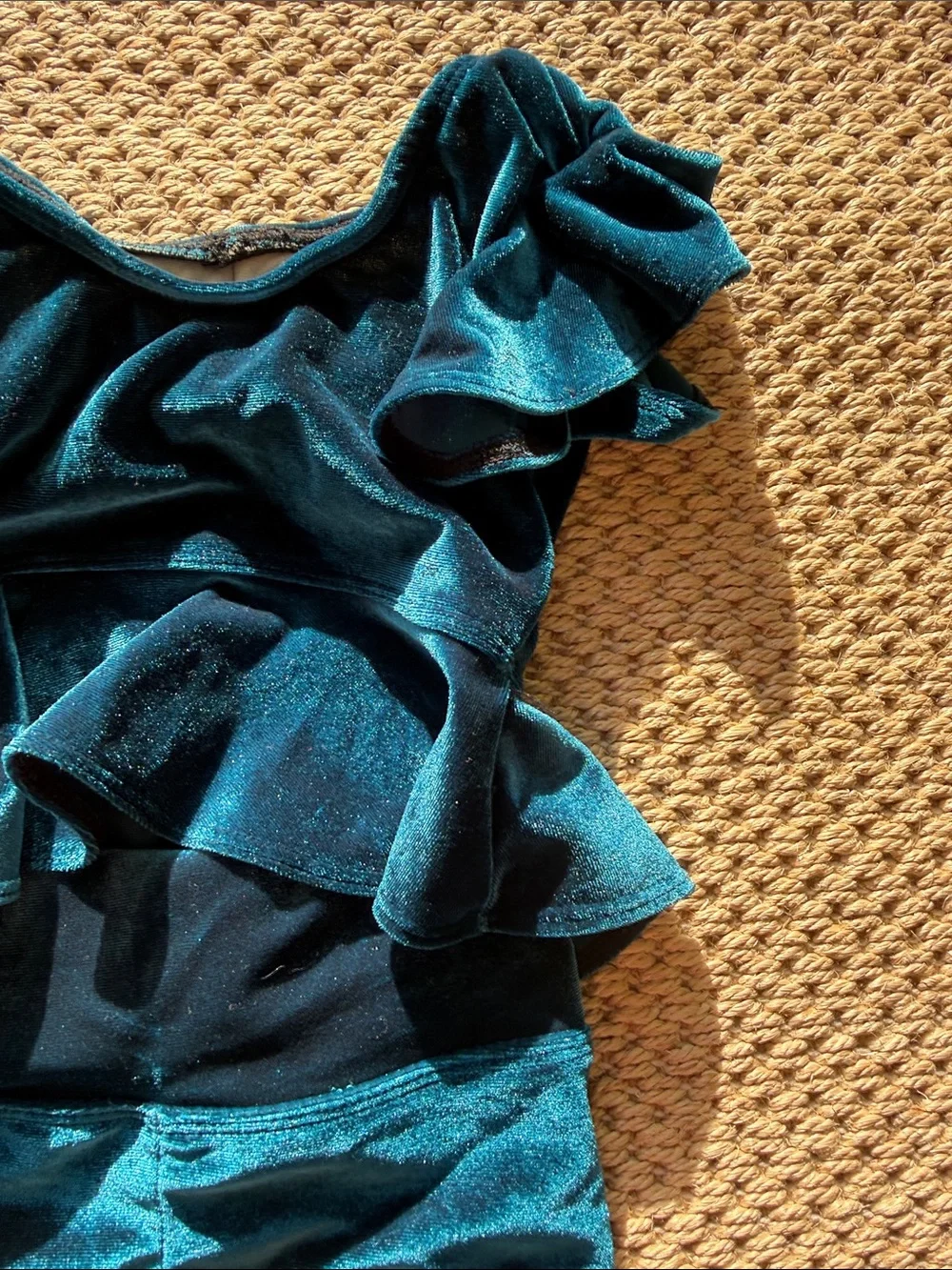 Kandi Kouture Girls Teal Velvet Ruffle Dance Leotard Costume size child small
